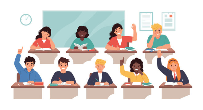 Classroom full of diverse elementary school children sitting at desks and eagerly raising their hands.