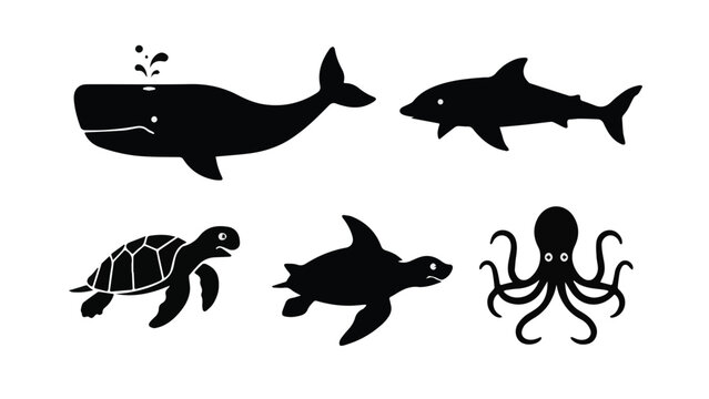 Collection of Marine Animals Including Whale Shark Turtle Fish and Octopus.