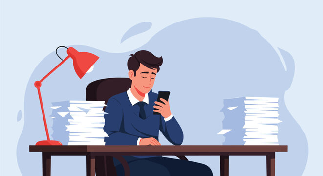 Overworked corporate businessman procrastinating on his phone at desk with huge stacks of unfinished paperwork.