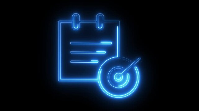 Blue neon glowing icon representing target goal achievement on black background video.