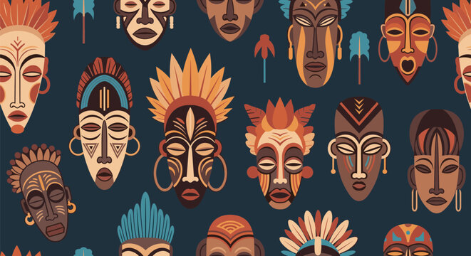 Charming seamless background pattern of traditional carved African tribal masks of various shapes on dark blue canvas.