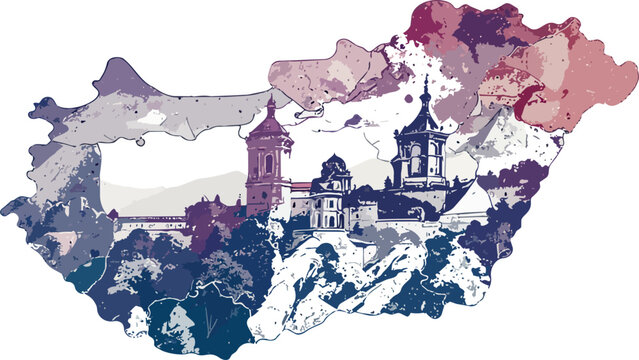 Hungary Map Vector Illustration with Historic Castles, Churches, Mountains and Cultural Landmark Collage