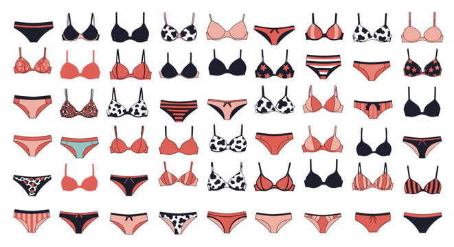 Large collection of women intimate underwear featuring different styles of colorful bras and panties in cute patterns.