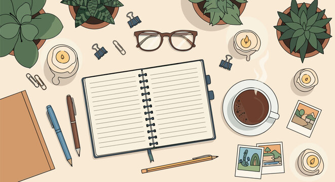 Overhead flat lay of a creative desk with an open diary, hot cup of coffee, green plants, and tiny photos.