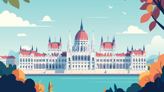 Budapest Parliament Vector Postcard with Danube River, Hungarian Landmark, Autumn Foliage and Sunny Pastel Cityscape