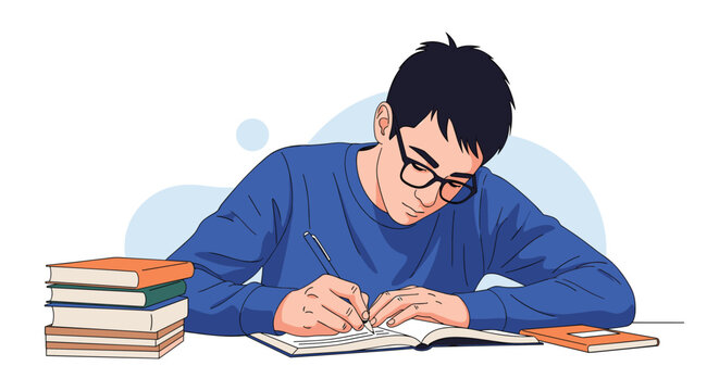Young focused student with glasses writing diligently in his notebook next to stacked books on a desk at home.