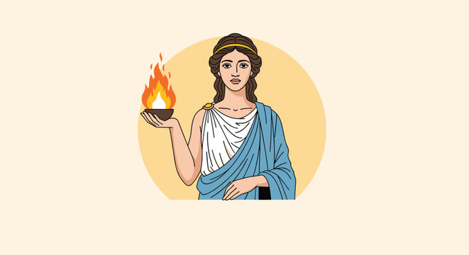 Beautiful Greek goddess Hestia or Vesta holding the sacred flame bowl of domestic hearth in classical style.