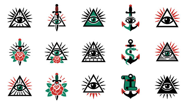Illuminati eye and pyramid symbols with swords.