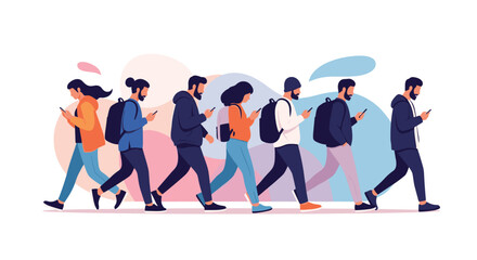 Obraz premium Line of diverse young people walking in the same direction while completely distracted by looking down at their smartphones.