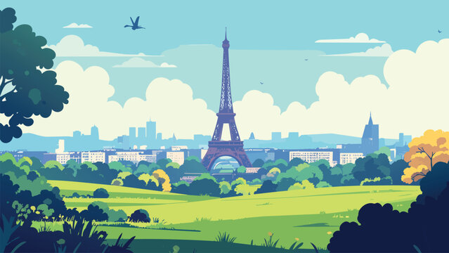 Paris Eiffel Tower Vector Landscape with Green Park, City Skyline and Sunny Pastel Travel Illustration