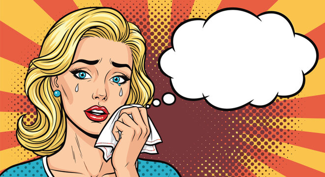 Pop art comic book style illustration of a crying blonde woman holding a tissue next to a blank speech bubble.