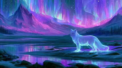Obraz premium An arctic fox glows white against a dark tundra while aurora lights dance in the night sky around mountains in the distance.