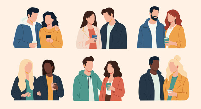 Collection of diverse young couples holding coffee cups and standing together, talking in flat vector style.