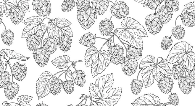 Vintage seamless pattern with detailed hand drawn engraving of hop cones and leaves over white background.