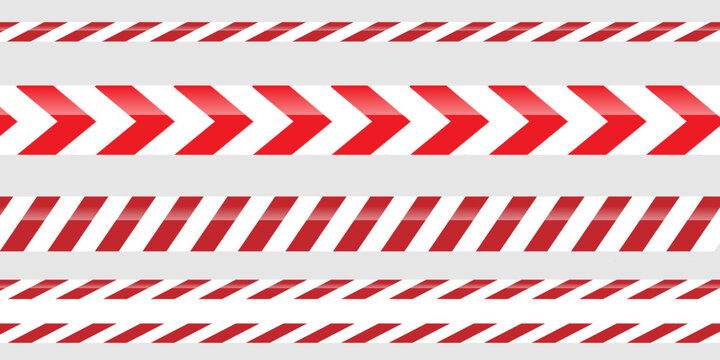 Set of red, white warning restriction or forbidden area tape, no entry, area under contruction, traffic accident, crime. Vector flat