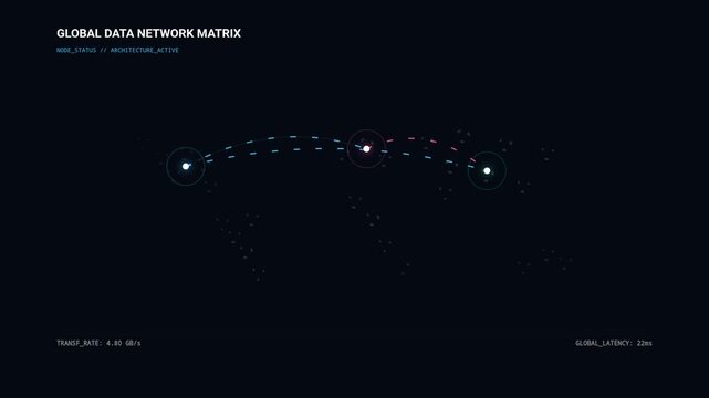 Abstract Global Network Map Scatter Plot Animation with Traveling Data Packets and Glowing Active Node Ripples