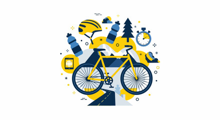 Fototapeta premium Cycling Lifestyle and Outdoor Adventure Flat Vector Illustration with Bicycle and Gear