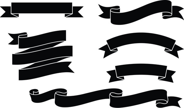 Vintage black ribbon banners and scrolls set featuring various curved wavy and multi tier banner silhouettes for decorative commercial design vector isolated on white