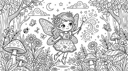 Obraz premium Fairy In Magical Forest Line Art Coloring Page fantasy