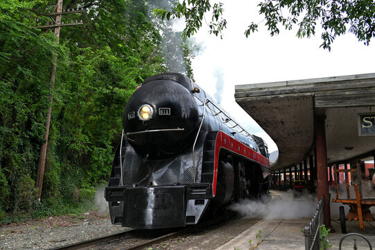 Vintage 611 steam engine railroad train on excursion in Virginia, last remaining operational J class locomotive