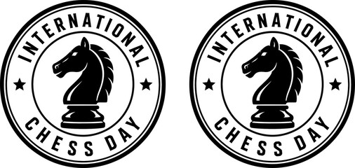 International Chess Day Circular Badge with Knight Chess Piece Black and White Illustration PNG © Anisa