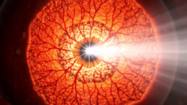 Cinematic medical animation of light rays entering a human eye and focusing on the retina. Perfect for educational, healthcare, and scientific visualization of vision and optics.