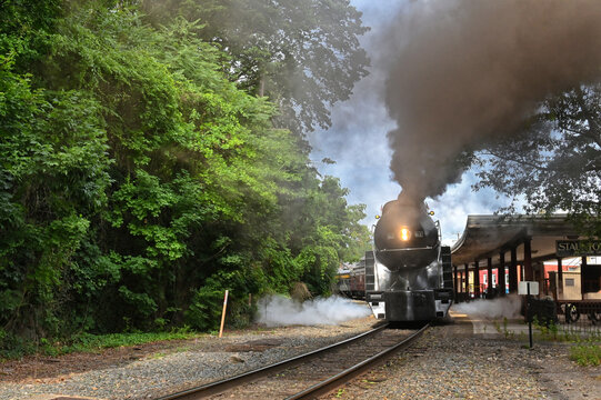 Vintage 611 steam engine railroad train on excursion in Virginia, last remaining operational J class locomotive