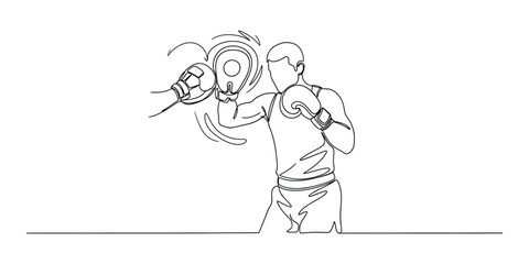 Fototapeta premium Continuous line drawing of a boxer training with a focus mitt showcasing dynamic movement and athletic prowess.