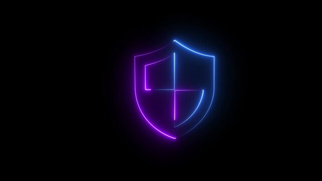 Glowing Neon Cyber Security Shield  Icon Animation on Black Background. 4k motion video animation.
