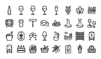 Fototapeta premium Editable Stroke Wine Thin Line Vector Icons Set with Grapes Cheese Barrel Bottle and Glass