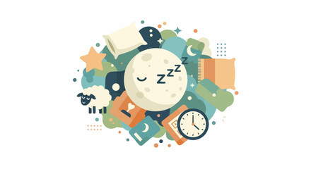 Naklejka premium Flat Vector Illustration of Sleep Cycle and Bedtime Routine Concept with Moon, Sheep, and Wellness Icons