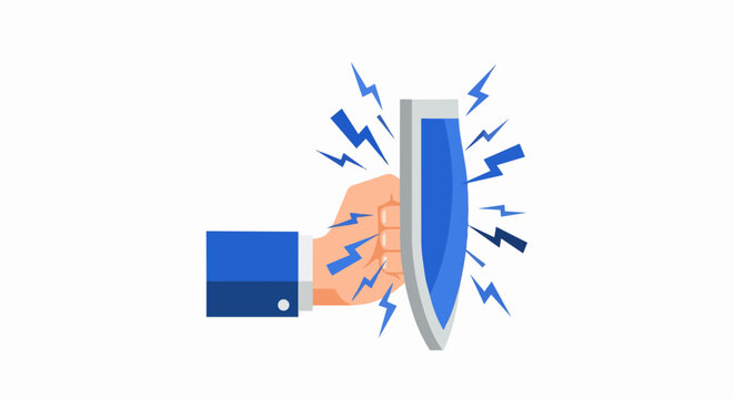 Cyber Security and Data Protection Illustration: Business Hand Punching Defensive Shield with Lightning Sparks, Resilience and Safety Concept