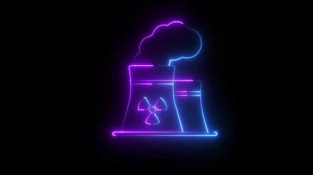 Glowing Neon Nuclear Power Plant Icon Animation on Black Background. 4k motion video animation.