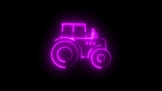 Abstract Glowing Neon Agriculture Tractor Line Icon Animation on Black Background. 4k motion video animation.