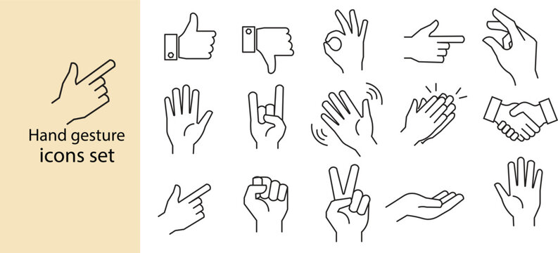 Hand gesture icons set. Linear of various hand signs like thumbs up, okay, peace, handshake, waving, and clapping. vector illustrations. hand gesture line icon set for web and UI design

