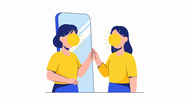 Woman Looking in Mirror with Sun Face Illustration for Mental Health, Self-Esteem, and Inner Positivity Concept