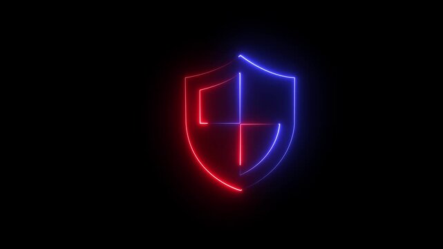 Glowing Neon Cyber Security Shield  Icon Animation on Black Background. 4k motion video animation.