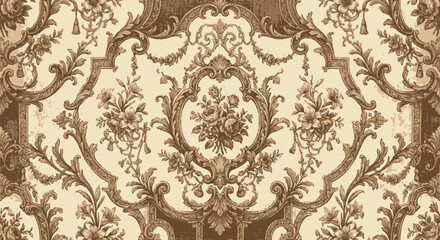 Fototapeta premium Vintage Floral Wallpaper Pattern – Ornate Roses and Lilies with Baroque Scrollwork on Beige Background
