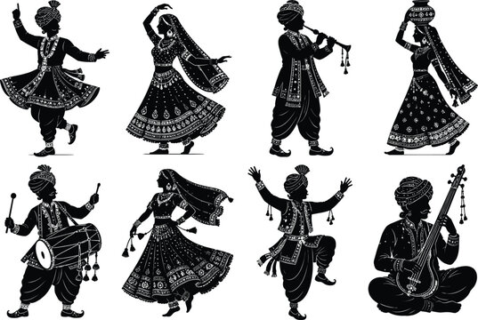 Elegant set of traditional indian cultural dancers and musicians presented as detailed black vector silhouette illustrations