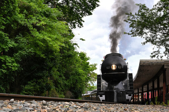 Vintage 611 steam engine railroad train on excursion in Virginia, last remaining operational J class locomotive