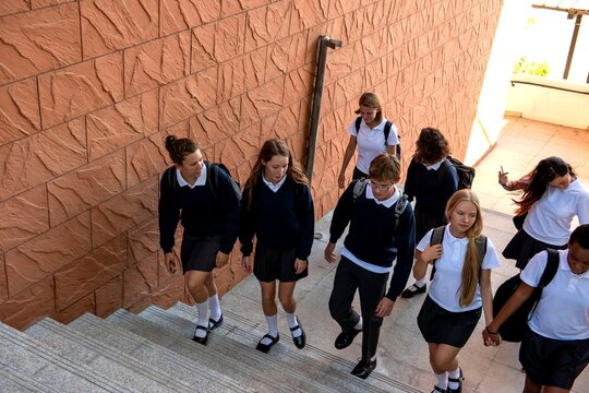 Students ascending school stairs together.
