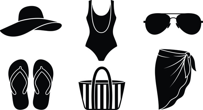 Summer beachwear and vacation fashion icons set featuring black silhouettes of swimsuit sun hat sunglasses flip flops tote bag and sarong vector isolated on white