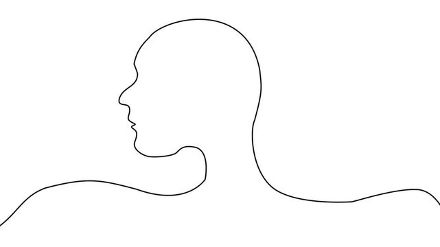 Animated self drawing of continuous line draw of Mind and plane outline, idea in brain head of human, motion to target on airplane. Full length one line animation.