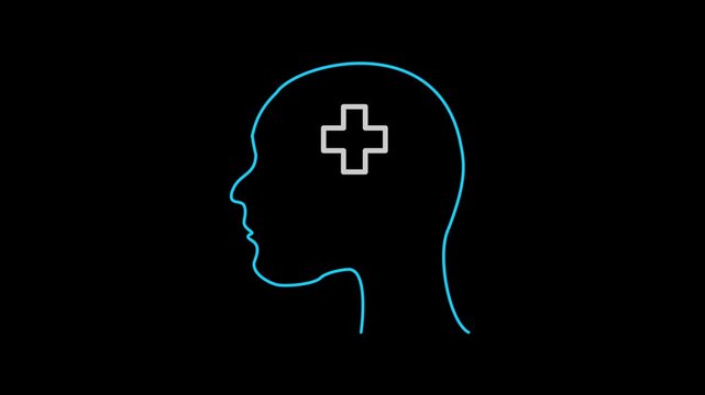 Sketch mental health coverage icon animation - Head and cross. Brain, man, psychotherapy, communication, mental health. Healthcare concept. One line drawing animation. 