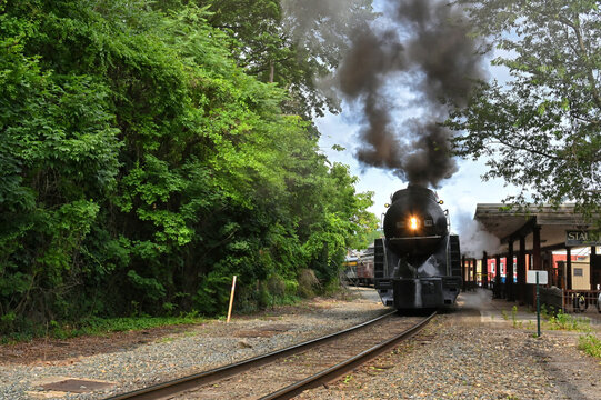 Vintage 611 steam engine railroad train on excursion in Virginia, last remaining operational J class locomotive