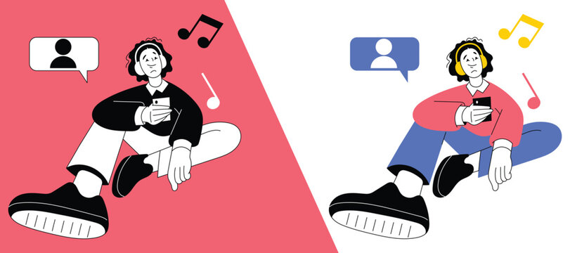 Person listening to music with headphones and phone illustration