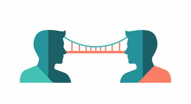 Conceptual Vector Illustration of a Suspension Bridge Connecting Two Human Minds Symbolizing Communication, Empathy, and Understanding