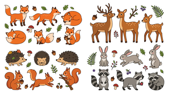 Cute and colorful cartoon animals including foxes rabbits deer hedgehogs and squirrels in a playful woodland scene