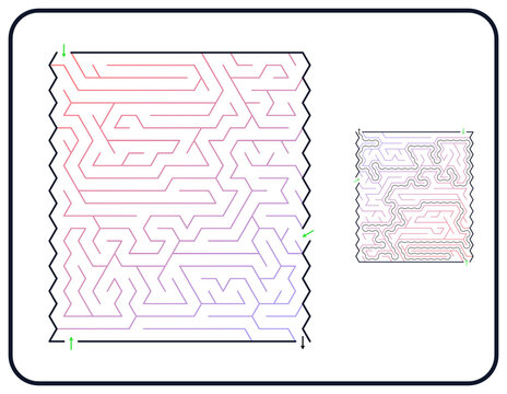Triangular maze for kids, medium difficulty printable logic game, find the way from start to exit, line art, activity worksheet page with solution
