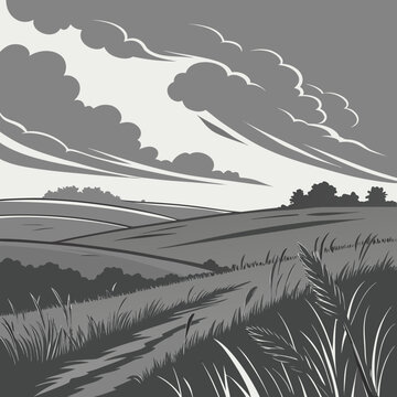 Illustration of a vast landscape with rolling hills and a clear sky landscape panorama